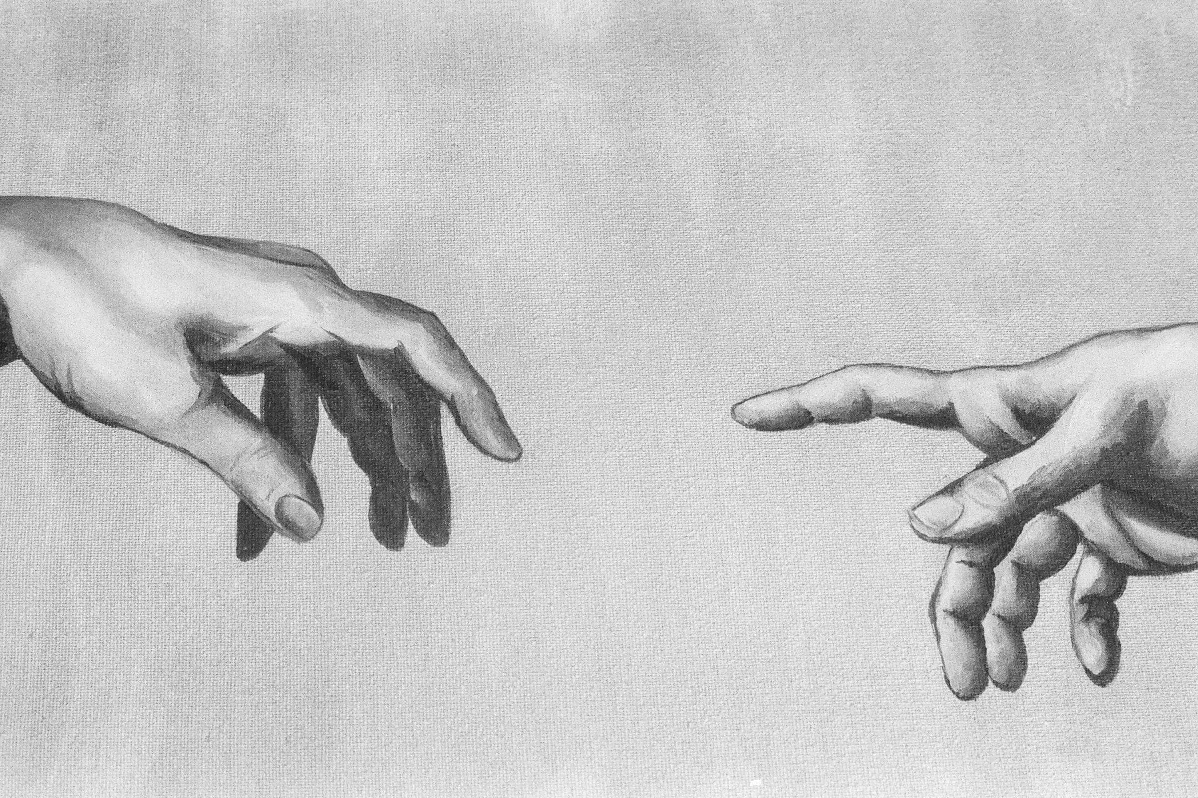 Charcoal sketch of two hands reaching